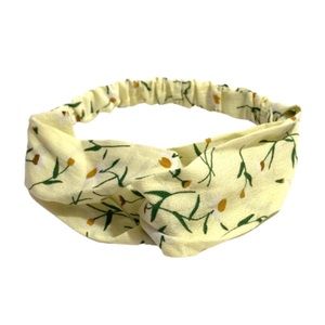 Cream w/Green & White Flowers Boho Twist Headband